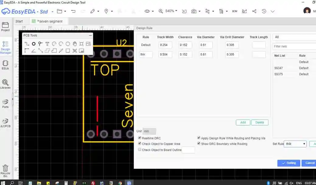 How to change Track width in EasyEDA pcb design software